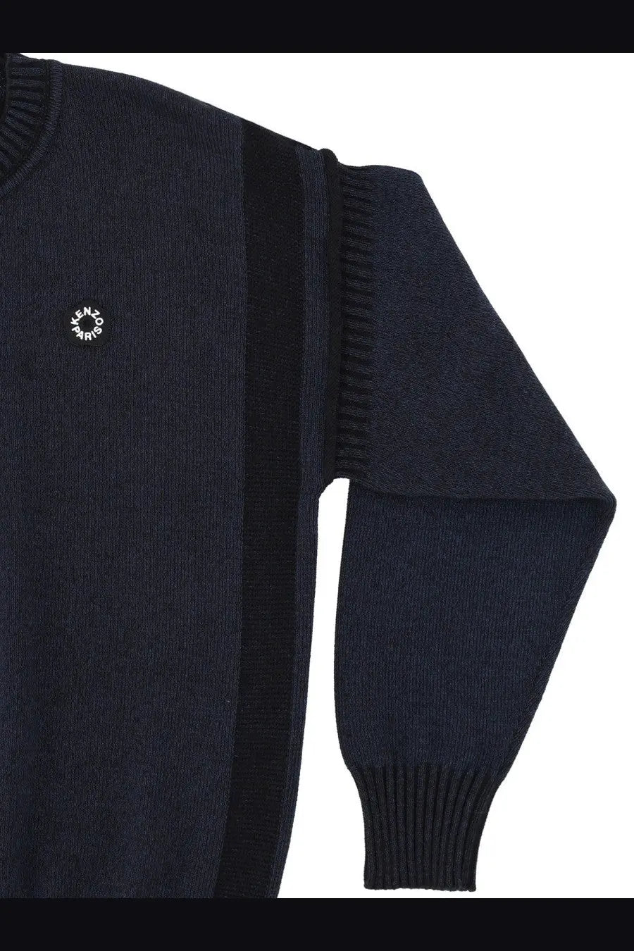 Kenzo men’s boke flower jersey black dark navy knit sweater with black stripe ribbed cuffs and white embroidered logo