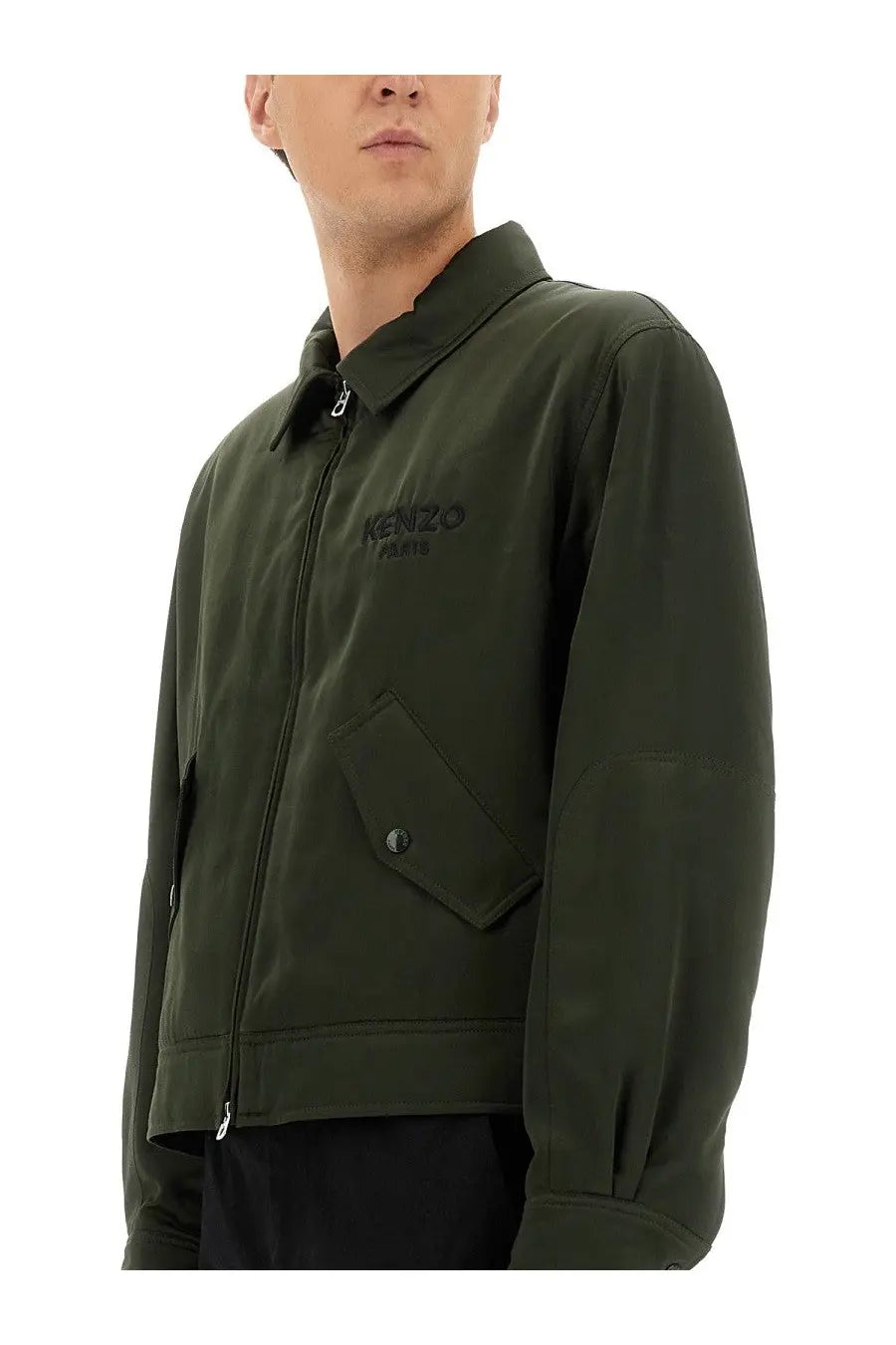 Kenzo men’s boke flower olive green padded bomber jacket with black embroidered logo and buttoned flap pockets