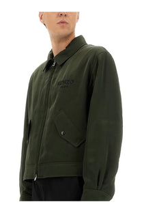 Kenzo men’s boke flower olive green padded bomber jacket with black embroidered logo and buttoned flap pockets