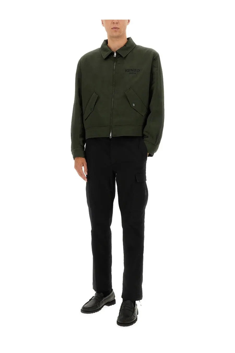 Kenzo men’s boke flower padded jacket green with zip-up front and two chest pockets in olive green