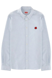 Kenzo men’s boke flower shirt blue light blue button-down with red embroidered flower and small red keizo label at collar