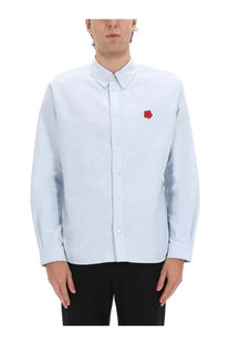 Kenzo men’s boke flower shirt blue light blue button-down with small red embroidered flower on left chest