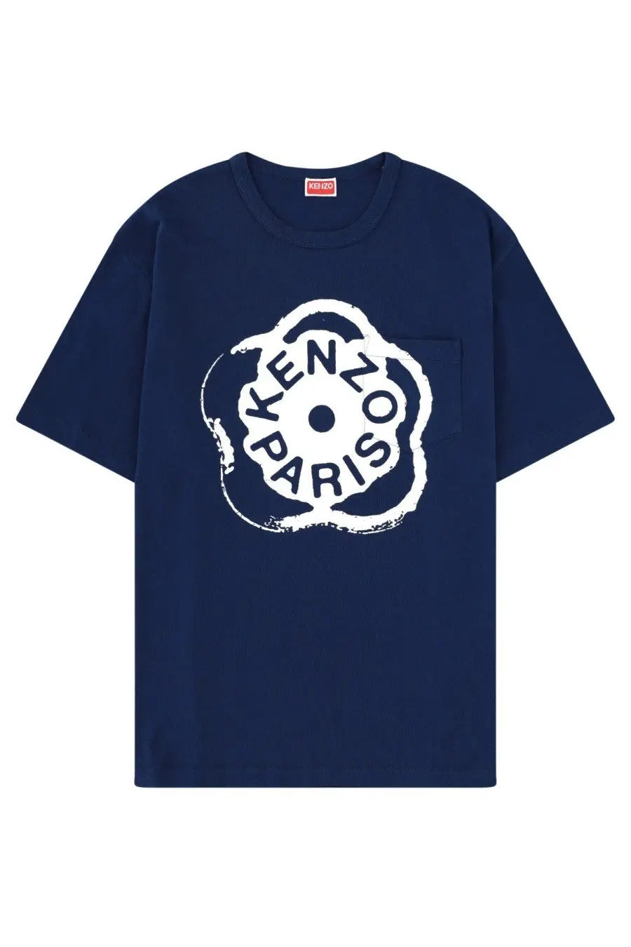 Navy blue kenzo mens boke flower t-shirt featuring a bold white floral logo with stylized kenzo paris lettering