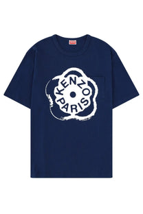 Navy blue kenzo mens boke flower t-shirt featuring a bold white floral logo with stylized kenzo paris lettering