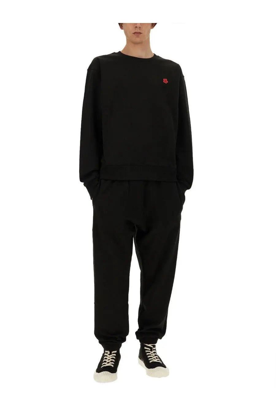 Kenzo men’s black long-sleeved sweatshirt with a small red embroidered flower on the left chest