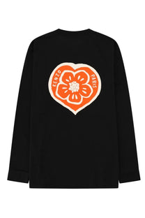 Kenzo men’s black long-sleeved sweatshirt with bold orange heart floral graphic and white Kenzo Paris text