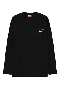 Kenzo men’s black long-sleeved t-shirt with white kenzo paris embroidery and red brand tag at the neckline
