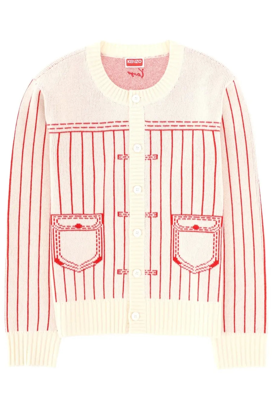 Kenzo men’s cream knit cardigan with red stripes and embroidered patch pockets in trompe loeil white color