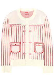 Kenzo men’s cream knit cardigan with red stripes and embroidered patch pockets in trompe loeil white color