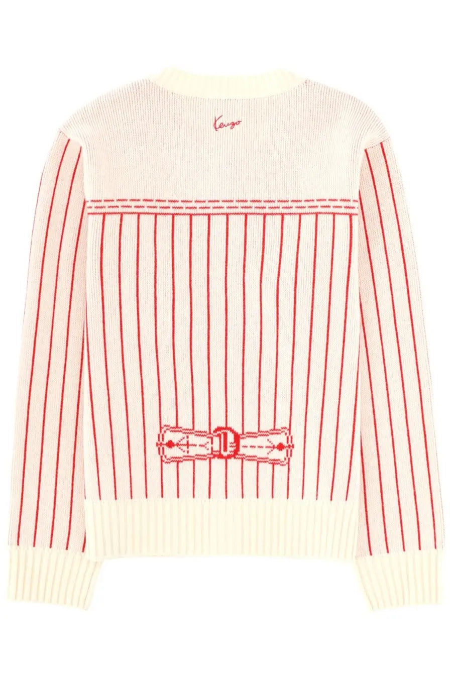 Back view of kenzo men’s cardigan trompe loeil in cream knit with red stripes and matching embroidered belt buckle detail