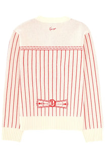 Back view of kenzo men’s cardigan trompe loeil in cream knit with red stripes and matching embroidered belt buckle detail