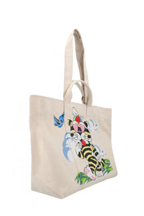 Beige canvas kenzo men’s large tote bag featuring a colorful cartoon tiger with heart eyes and a blue bird design