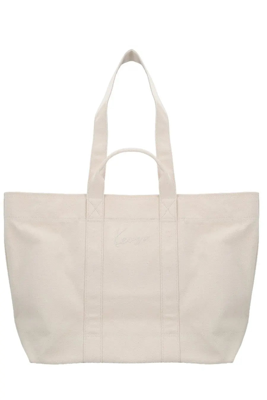 Kenzo men’s large beige canvas tote bag with cream color, reinforced handles, and subtle embroidered branding