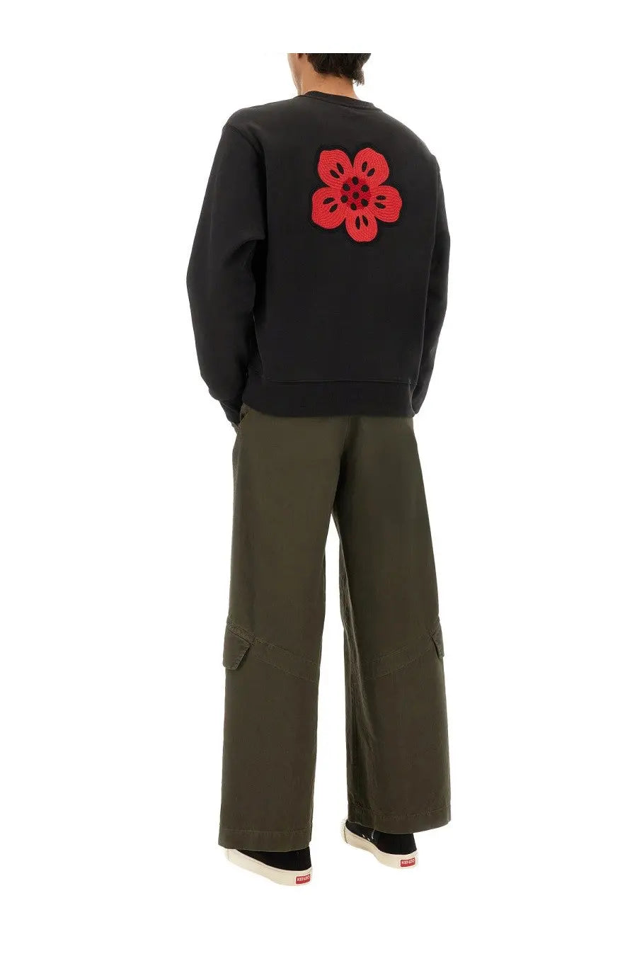 Back view of kenzo men’s classic black sweatshirt with bold red embroidered flower on soft cotton fabric