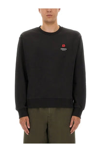 Kenzo men’s classic black sweatshirt with red floral logo and white embroidered text on the left chest