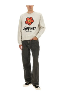 Kenzo men’s classic cream sweatshirt with bold orange black embroidered flower and signature script logo