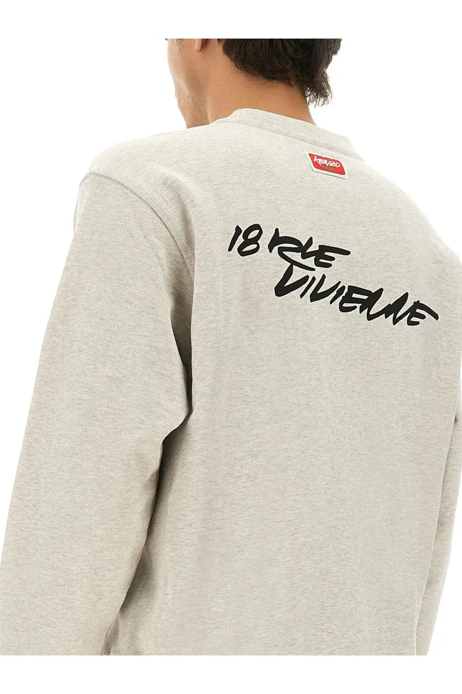 Kenzo men’s classic sweatshirt grey heather gray long-sleeve with black graffiti 18 rue vivienne on back and red tag