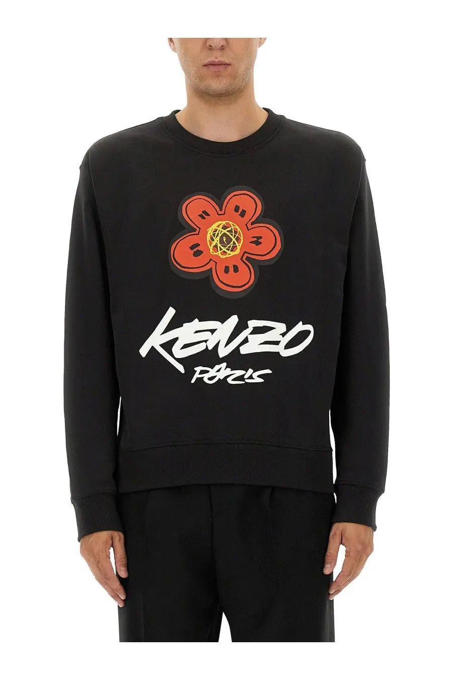 Kenzo men’s black cotton sweatshirt with bold orange flower graphic and white kenzo paris lettering