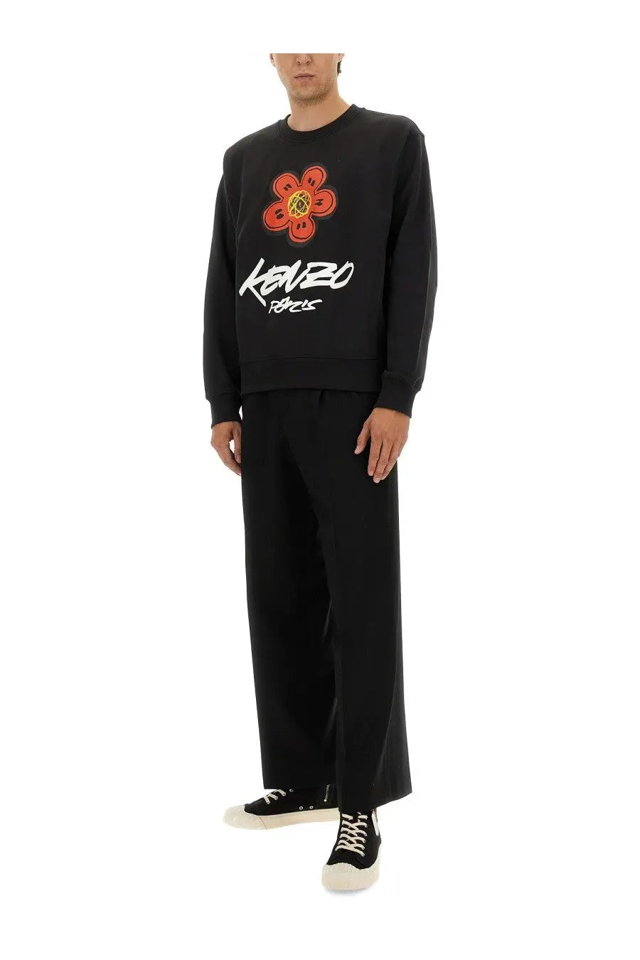 Kenzo men’s black cotton sweatshirt with bold orange floral graphic yellow center and white script lettering