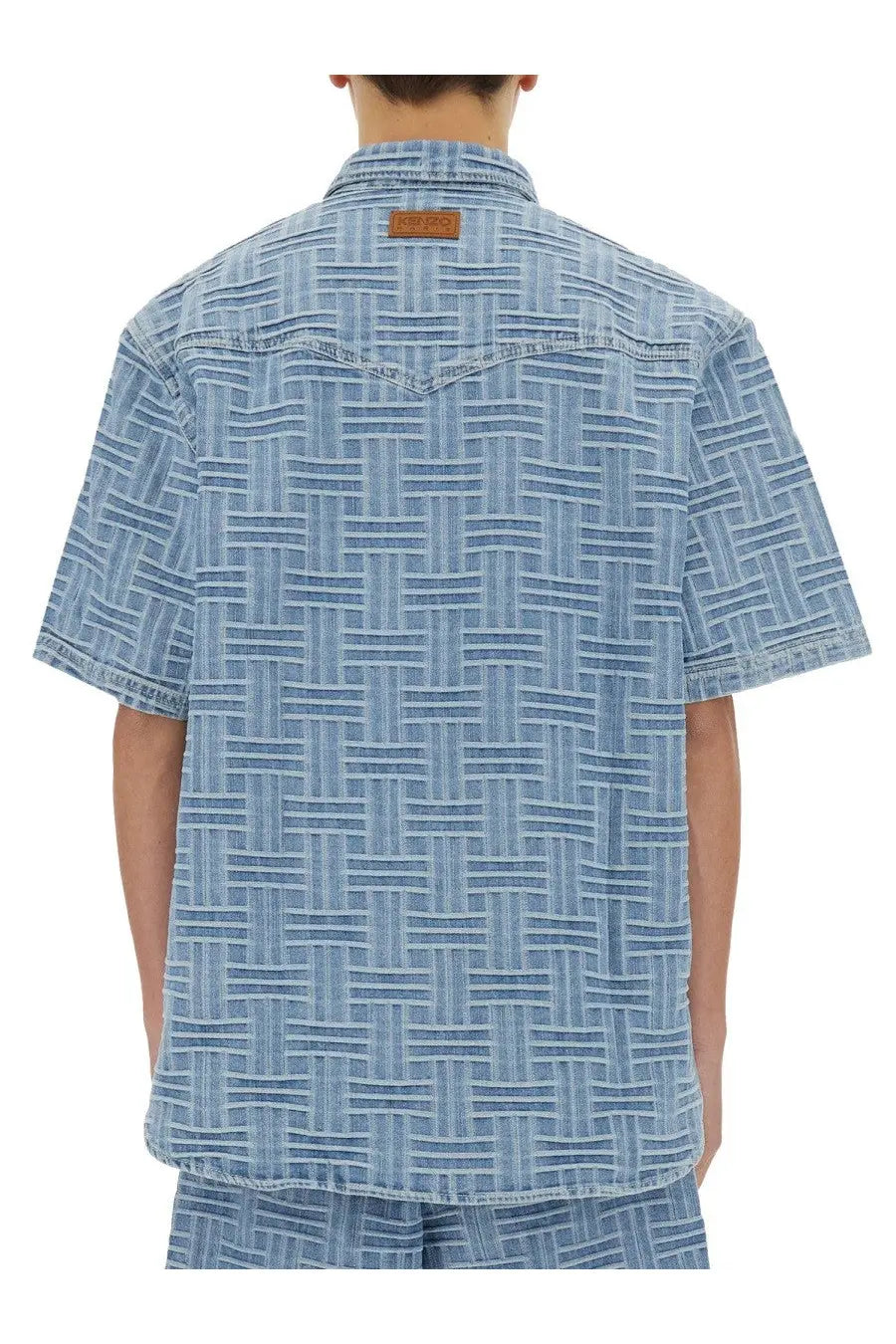 Kenzo men’s denim shirt blue with light blue short sleeves woven geometric pattern and brown leather collar patch