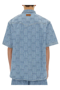 Kenzo men’s denim shirt blue with light blue short sleeves woven geometric pattern and brown leather collar patch