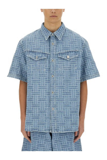 Kenzo men’s light blue denim shirt with geometric woven pattern and silver toned buttons short sleeves
