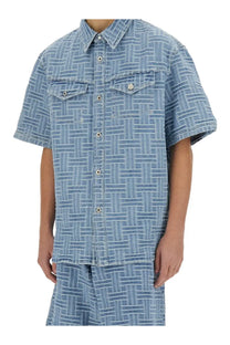 Kenzo men’s denim shirt blue light blue short-sleeved with woven geometric pattern and silver-toned buttons