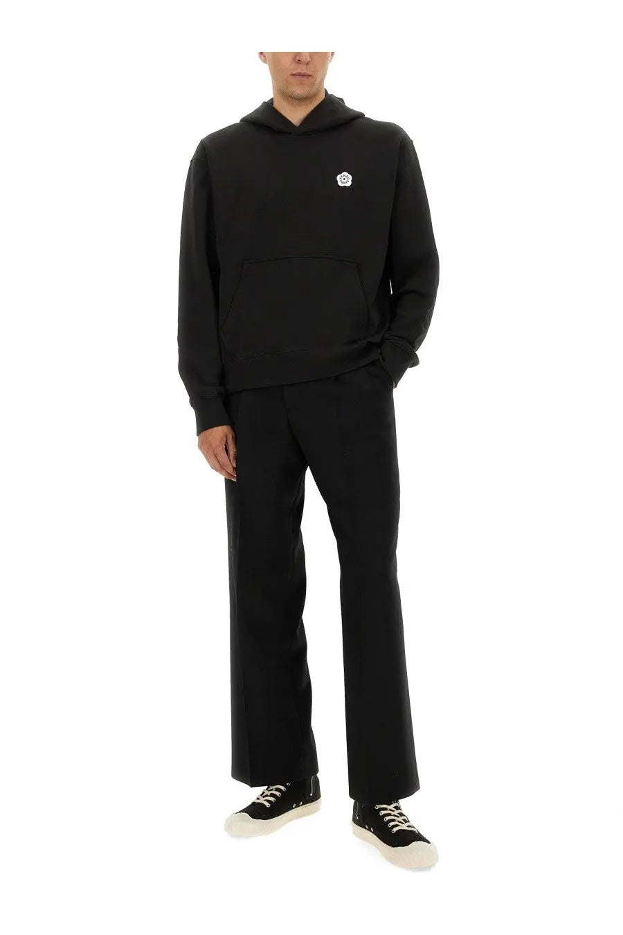 Kenzo men’s black hooded sweatshirt made of soft fabric with a small white embroidered logo on the chest