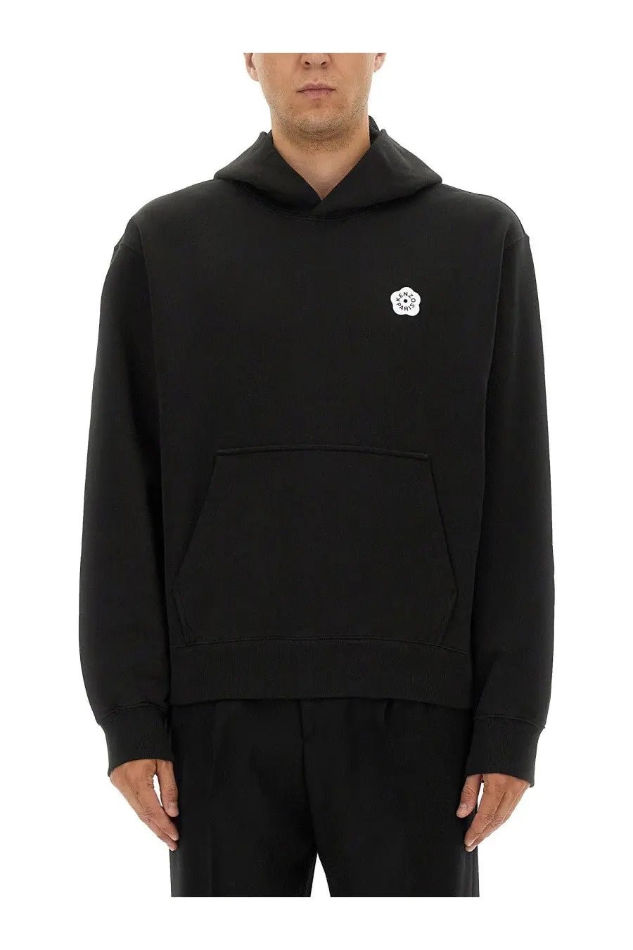 Kenzo men’s black hooded sweatshirt with small white embroidered logo on the chest made of soft fabric