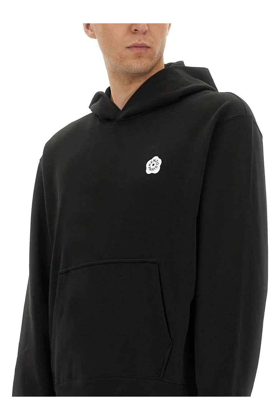 Kenzo men’s black hooded sweatshirt with small white embroidered logo on chest in soft cotton material
