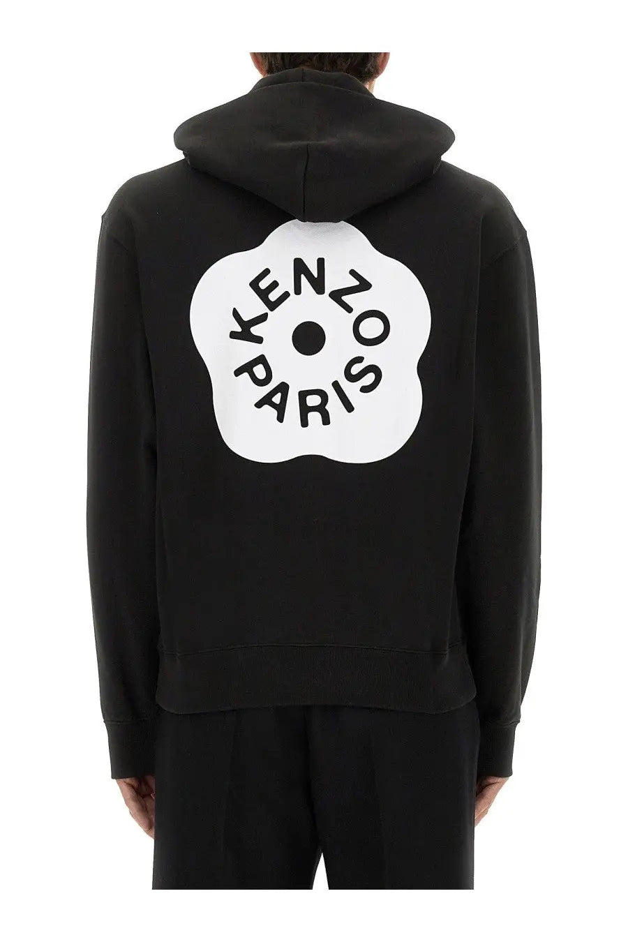 Kenzo men’s black hoodie with bold white floral logo and black brand name lettering on the front