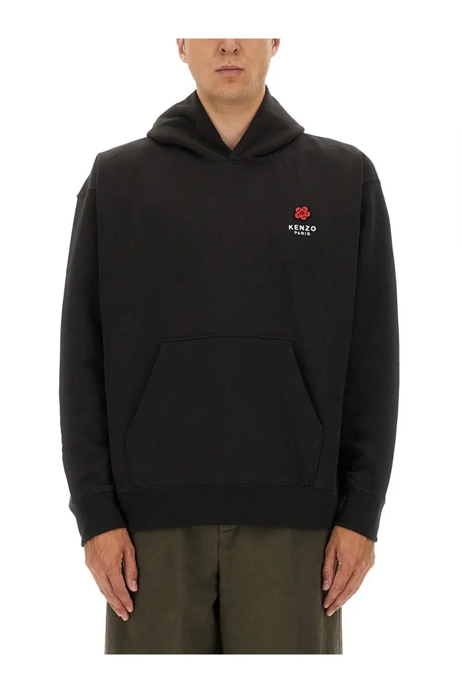 Kenzo men’s black hoodie featuring a red floral logo and white text on the chest in cotton material