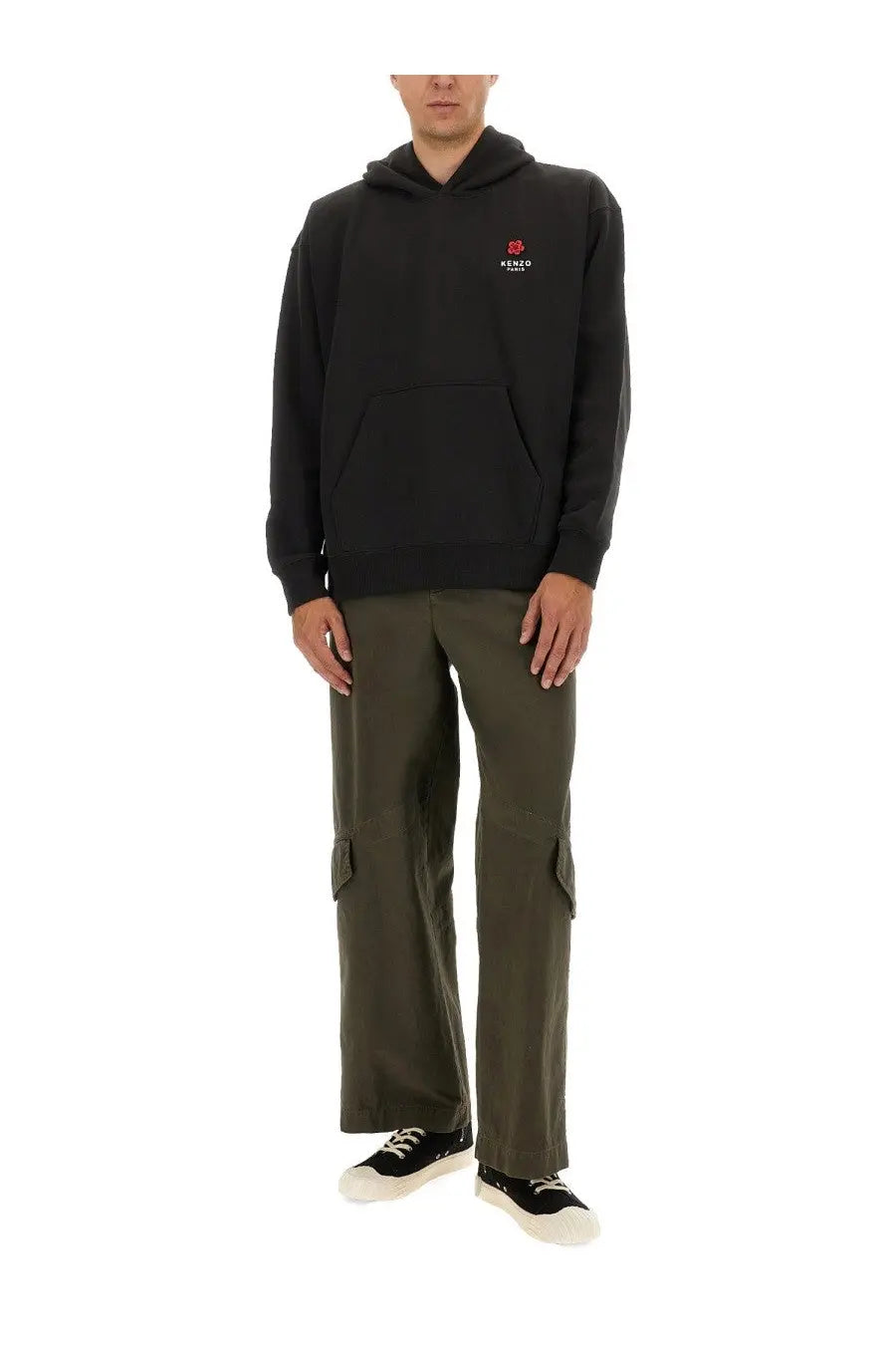 Kenzo men’s black hoodie featuring a small red rose logo on the chest perfect for casual wear