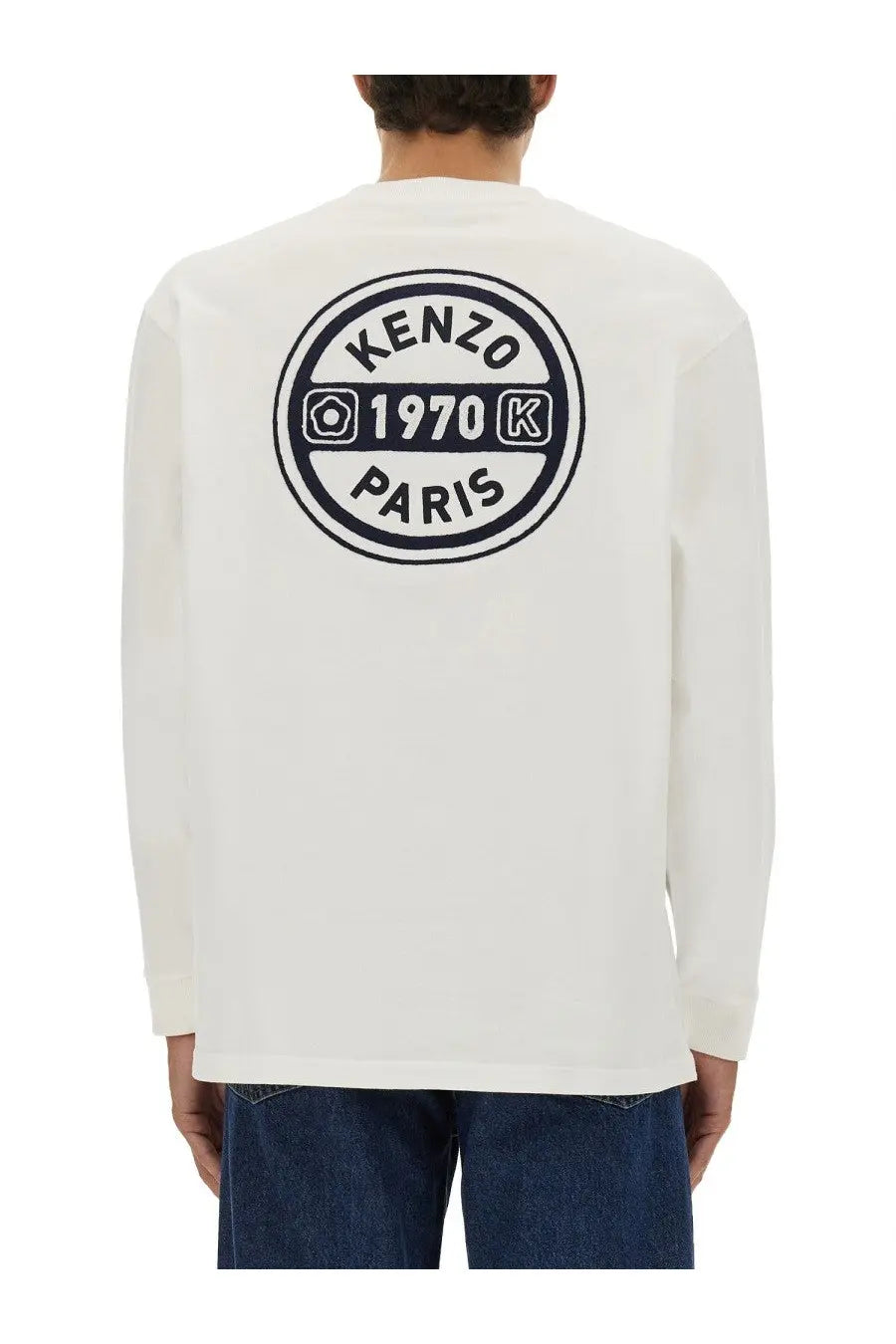 Kenzo men’s white long sleeved cotton tee featuring the 1970 K logo for casual wear