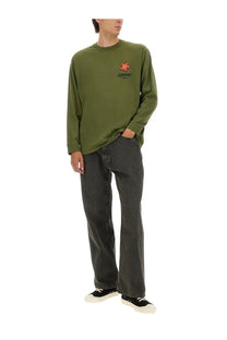 Kenzo men’s relaxed fit olive green long-sleeved crewneck tee with red floral logo and kenzo script on chest