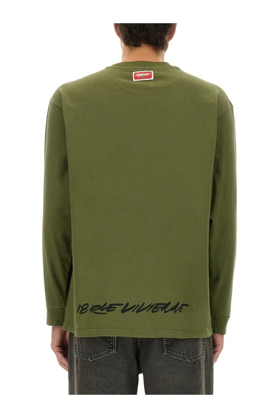 Kenzo men’s relaxed fit olive green long-sleeved t-shirt with red logo patch and black handwritten text on hem