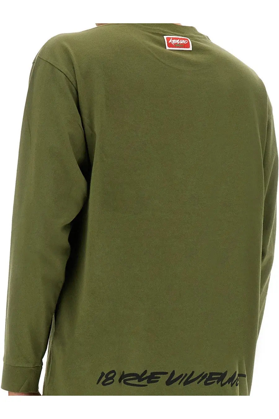 Kenzo men’s relaxed fit olive green long-sleeved t-shirt with red white neckline tag and black graffiti lettering hem
