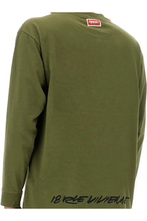 Kenzo men’s relaxed fit olive green long-sleeved t-shirt with red white neckline tag and black graffiti lettering hem