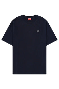 Kenzo men’s dark navy blue t-shirt with small embroidered flower on left chest and red brand tag at neckline