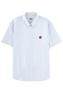Kenzo men’s white short-sleeved button-down shirt with red embroidered flower and red Kenzo label at the collar