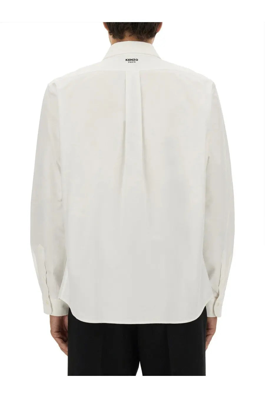 White kenzo men’s cotton button-down shirt with subtle back pleat and embroidered kenzo paris collar