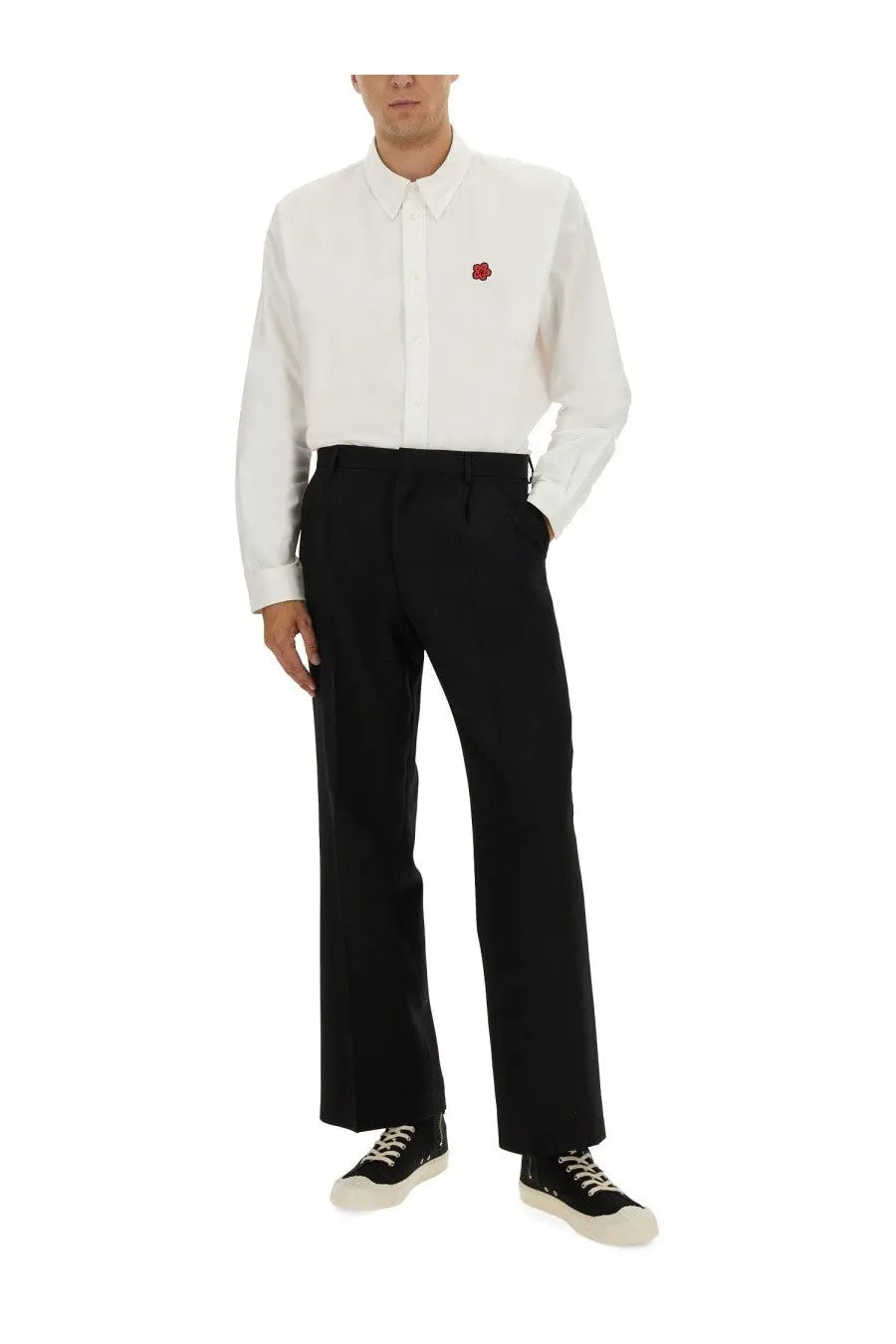 Kenzo men’s white long-sleeved button-down shirt with small red embroidered rose on left chest