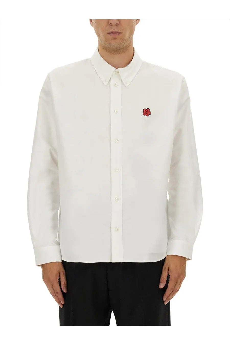 Kenzo men’s white long-sleeved button-down shirt with red embroidered flower on left chest made of cotton