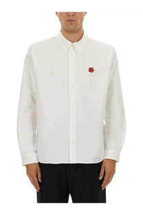 Kenzo men’s white long-sleeved button-down shirt with red embroidered flower on left chest made of cotton