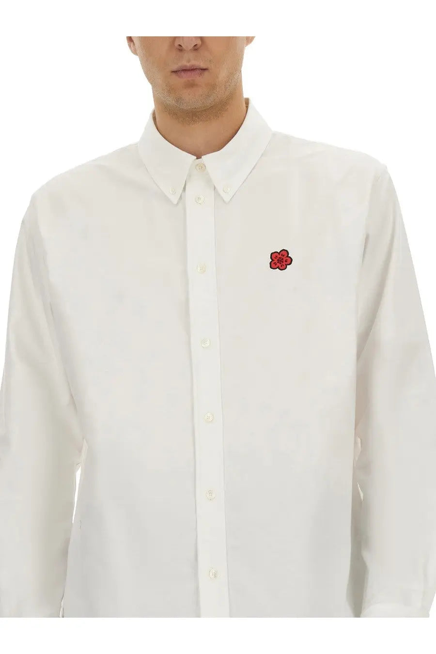 Kenzo men’s white long-sleeved button-up shirt with small red embroidered flower on left chest front