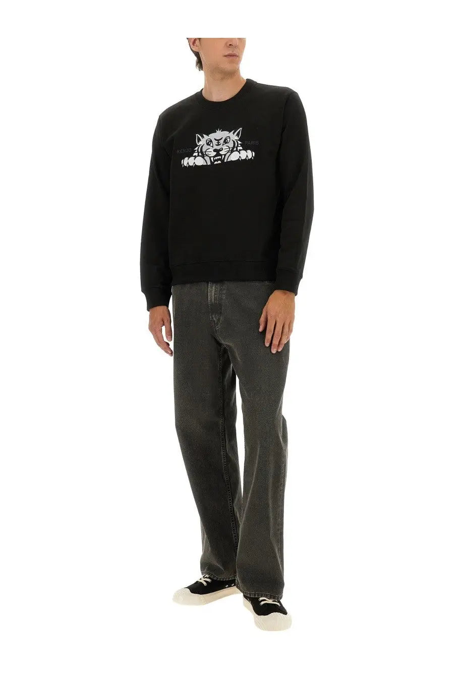 Kenzo men’s slim fit black long-sleeved sweatshirt with white embroidered tiger graphic on the chest