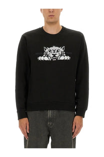 Kenzo men’s slim fit black sweatshirt featuring a bold white tiger graphic with Kenzo Paris text above it