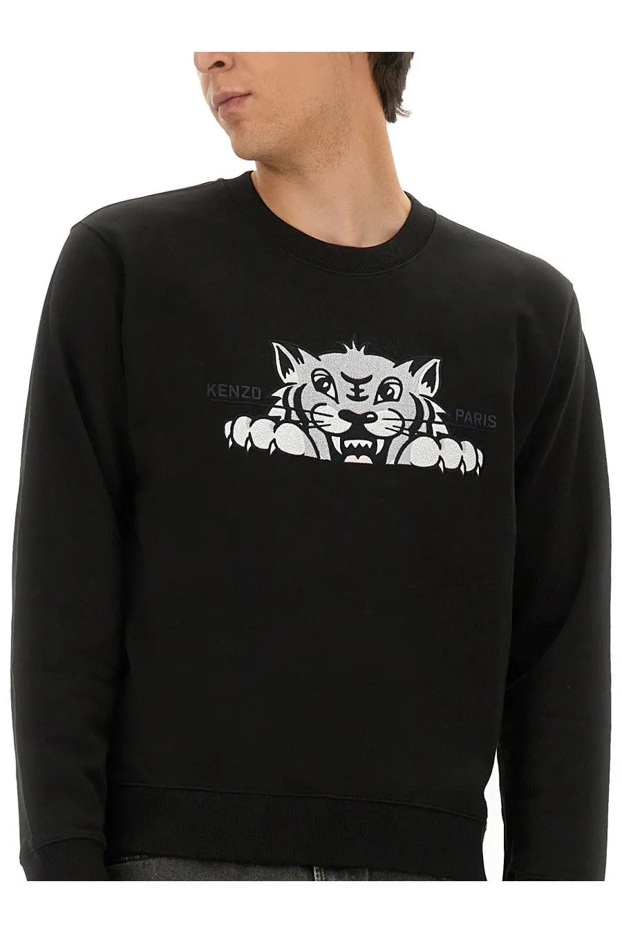 Kenzo men’s slim fit black sweatshirt with bold white tiger graphic peeking over the chest