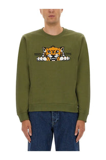 Kenzo men’s slim fit sweatshirt green featuring an olive green tiger graphic on the front