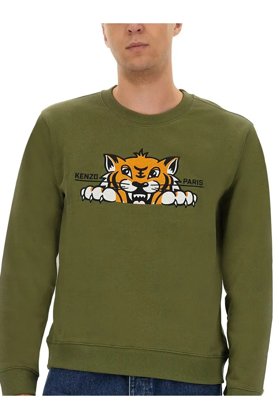 Kenzo men’s slim fit sweatshirt in olive green featuring a Paris tiger graphic for casual wear